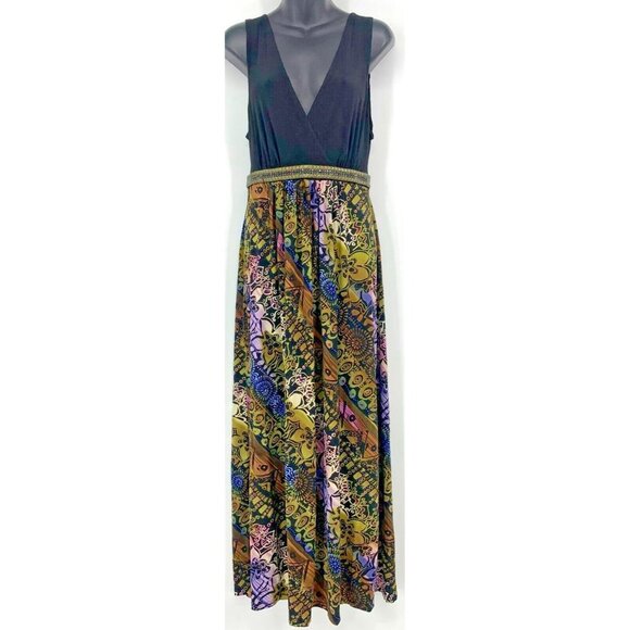 Connected Apparel Women Dress Size 14 Black Boho Print Beaded V Neck Sleeveless - Picture 1 of 7